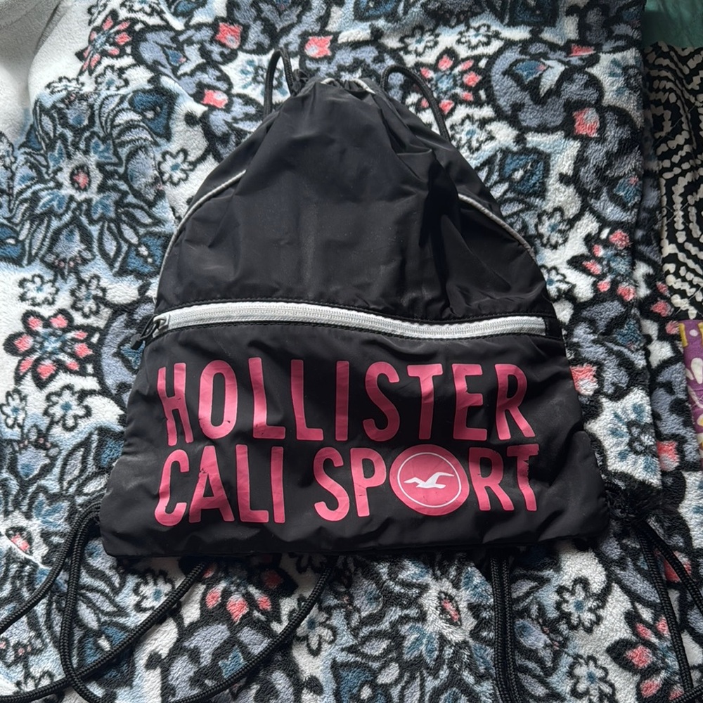 Hollister Black Drawstring Bag with Pink Logo
